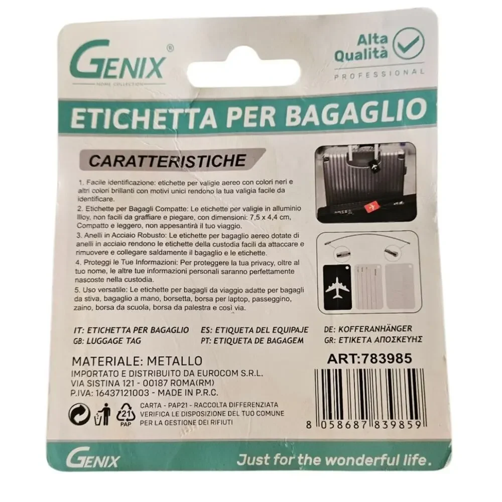NEW Genix Metal Airplane Luggage Tag w/ Steel Cable - 7.5x4.4 CM Travel Tag